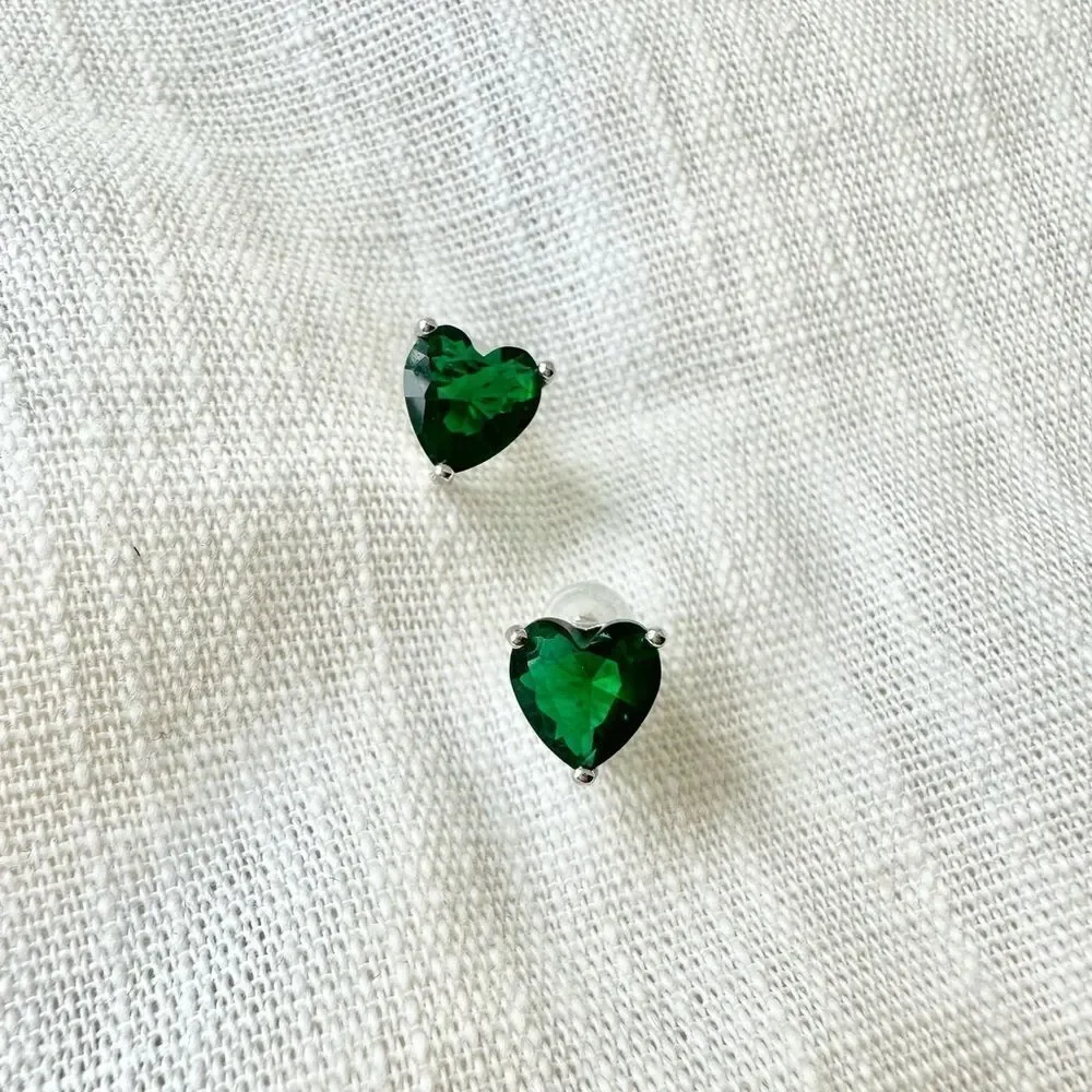 Emerald green cubic zirconia heart stud earrings